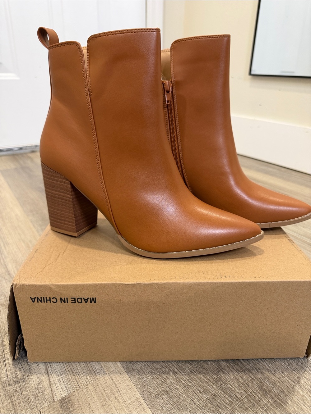 Women's Cognac Block Heel Ankle Boots with Side Zip